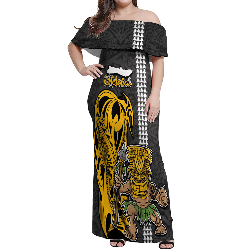 Custom Hawaii Molokai Island Off Shoulder Maxi Dress Hawaiian Warrior and Kakau Symbols Abstract Tattoo LT03 Women Yellow - Polynesian Pride