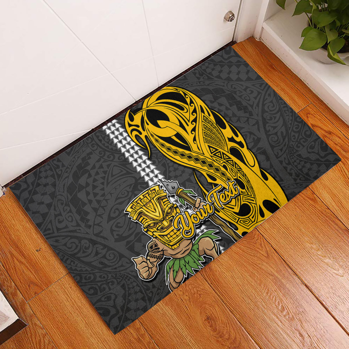 Custom Hawaii Molokai Island Rubber Doormat Hawaiian Warrior and Kakau Symbols Abstract Tattoo LT03 Yellow - Polynesian Pride