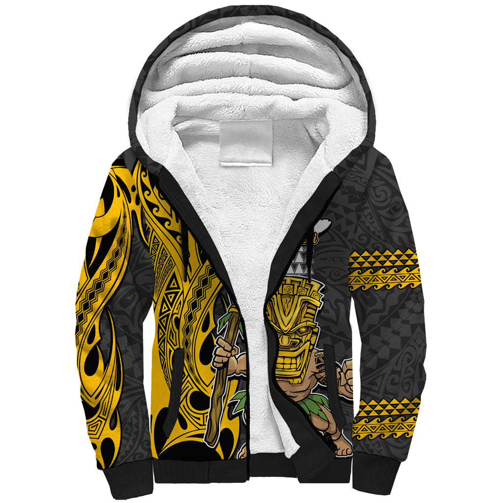 Custom Hawaii Molokai Island Sherpa Hoodie Hawaiian Warrior and Kakau Symbols Abstract Tattoo LT03 Unisex Yellow - Polynesian Pride