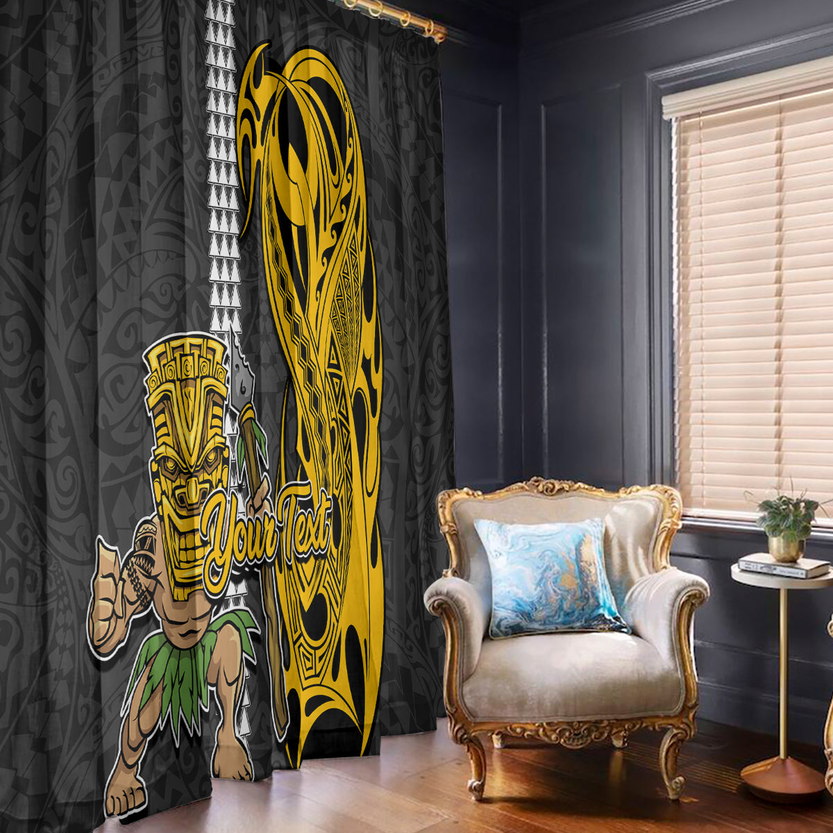 Custom Hawaii Molokai Island Window Curtain Hawaiian Warrior and Kakau Symbols Abstract Tattoo LT03 With Hooks Yellow - Polynesian Pride