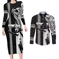 Hawaii Molokai Island Couples Matching Long Sleeve Bodycon Dress and Long Sleeve Button Shirts Hawaiian King and Kakau Symbols Abstract Shoulder Tattoo LT03 Black - Polynesian Pride