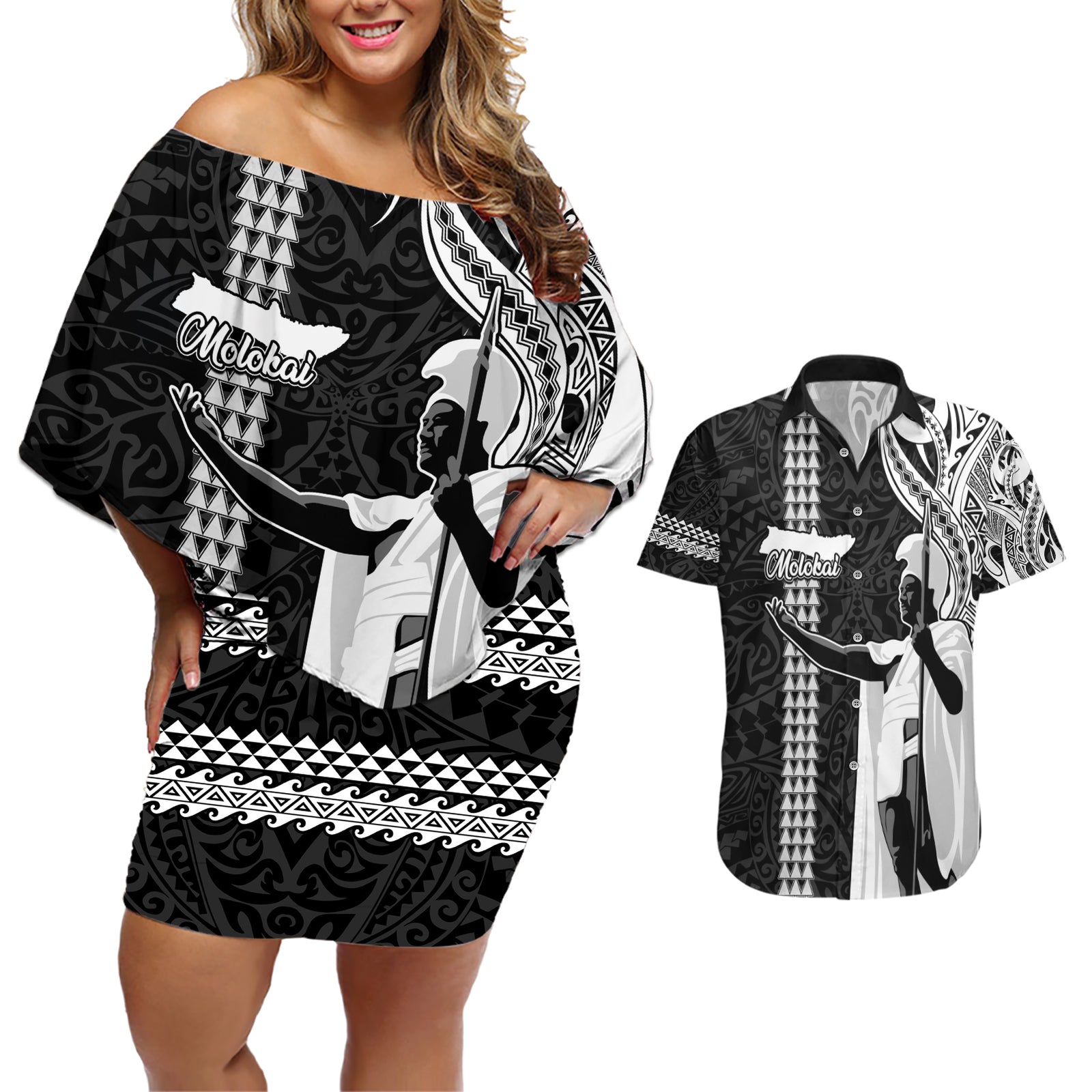 Hawaii Molokai Island Couples Matching Off Shoulder Short Dress and Hawaiian Shirt Hawaiian King and Kakau Symbols Abstract Shoulder Tattoo LT03 Black - Polynesian Pride