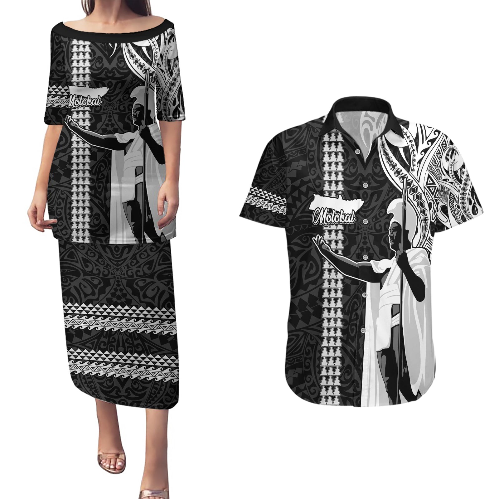 Hawaii Molokai Island Couples Matching Puletasi Dress and Hawaiian Shirt Hawaiian King and Kakau Symbols Abstract Shoulder Tattoo LT03 Black - Polynesian Pride