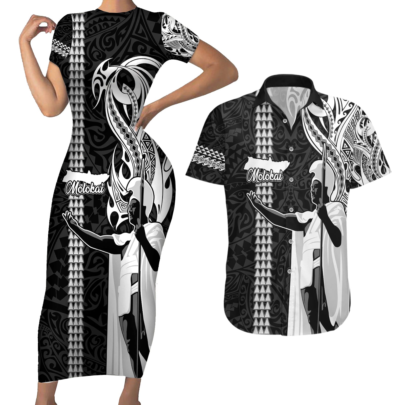 Hawaii Molokai Island Couples Matching Short Sleeve Bodycon Dress and Hawaiian Shirt Hawaiian King and Kakau Symbols Abstract Shoulder Tattoo LT03 Black - Polynesian Pride