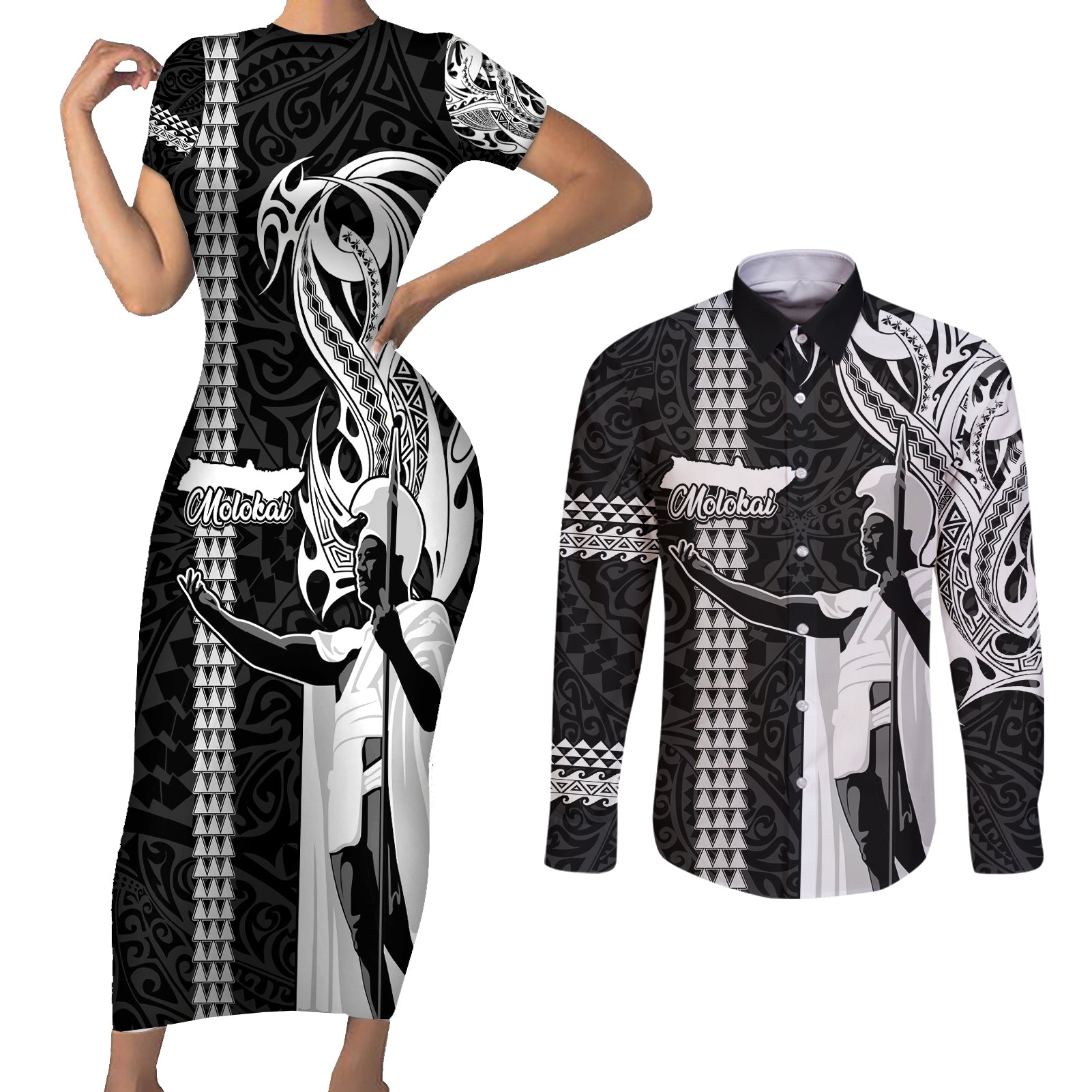 Hawaii Molokai Island Couples Matching Short Sleeve Bodycon Dress and Long Sleeve Button Shirts Hawaiian King and Kakau Symbols Abstract Shoulder Tattoo LT03 Black - Polynesian Pride