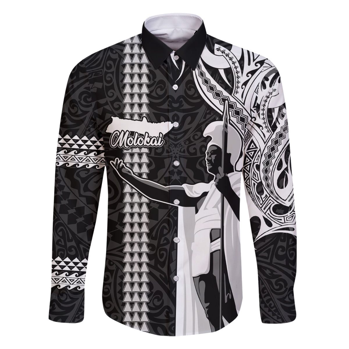 Hawaii Molokai Island Family Matching Tank Maxi Dress and Hawaiian Shirt Hawaiian King and Kakau Symbols Abstract Shoulder Tattoo LT03 Dad's Shirt - Long Sleeve Black - Polynesian Pride