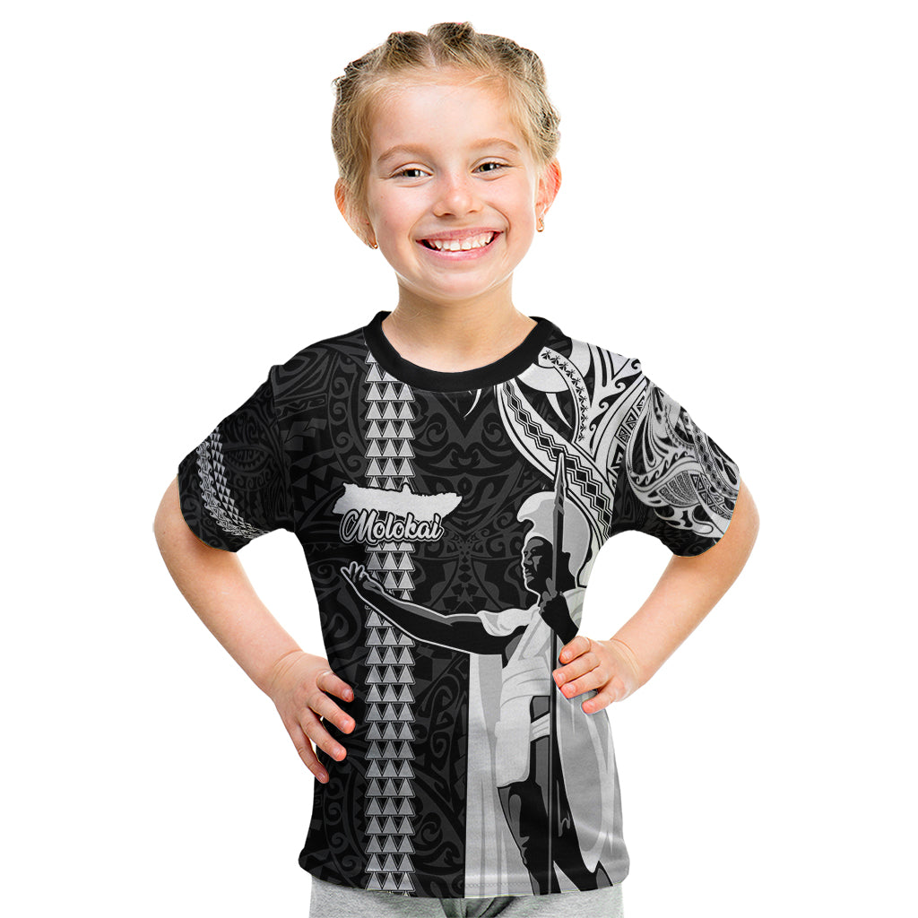 Hawaii Molokai Island Kid T Shirt Hawaiian King and Kakau Symbols Abstract Shoulder Tattoo LT03 Black - Polynesian Pride