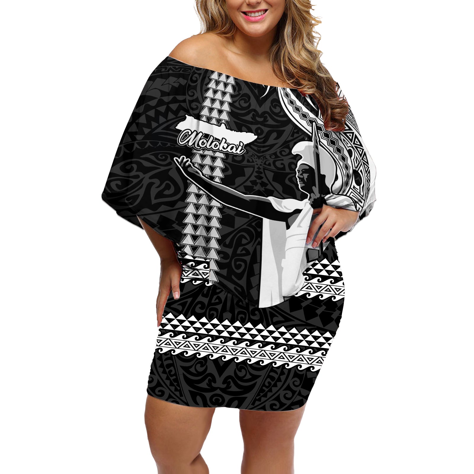 Hawaii Molokai Island Off Shoulder Short Dress Hawaiian King and Kakau Symbols Abstract Shoulder Tattoo LT03 Women Black - Polynesian Pride