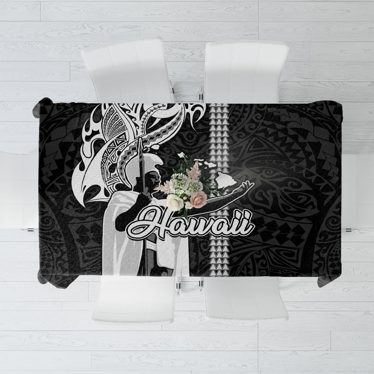 Hawaii Molokai Island Tablecloth Hawaiian King and Kakau Symbols Abstract Shoulder Tattoo LT03 Black - Polynesian Pride