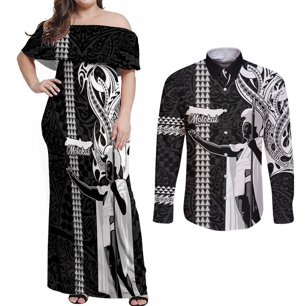 Custom Hawaii Molokai Island Couples Matching Off Shoulder Maxi Dress and Long Sleeve Button Shirts Hawaiian King and Kakau Symbols Abstract Shoulder Tattoo LT03 Black - Polynesian Pride