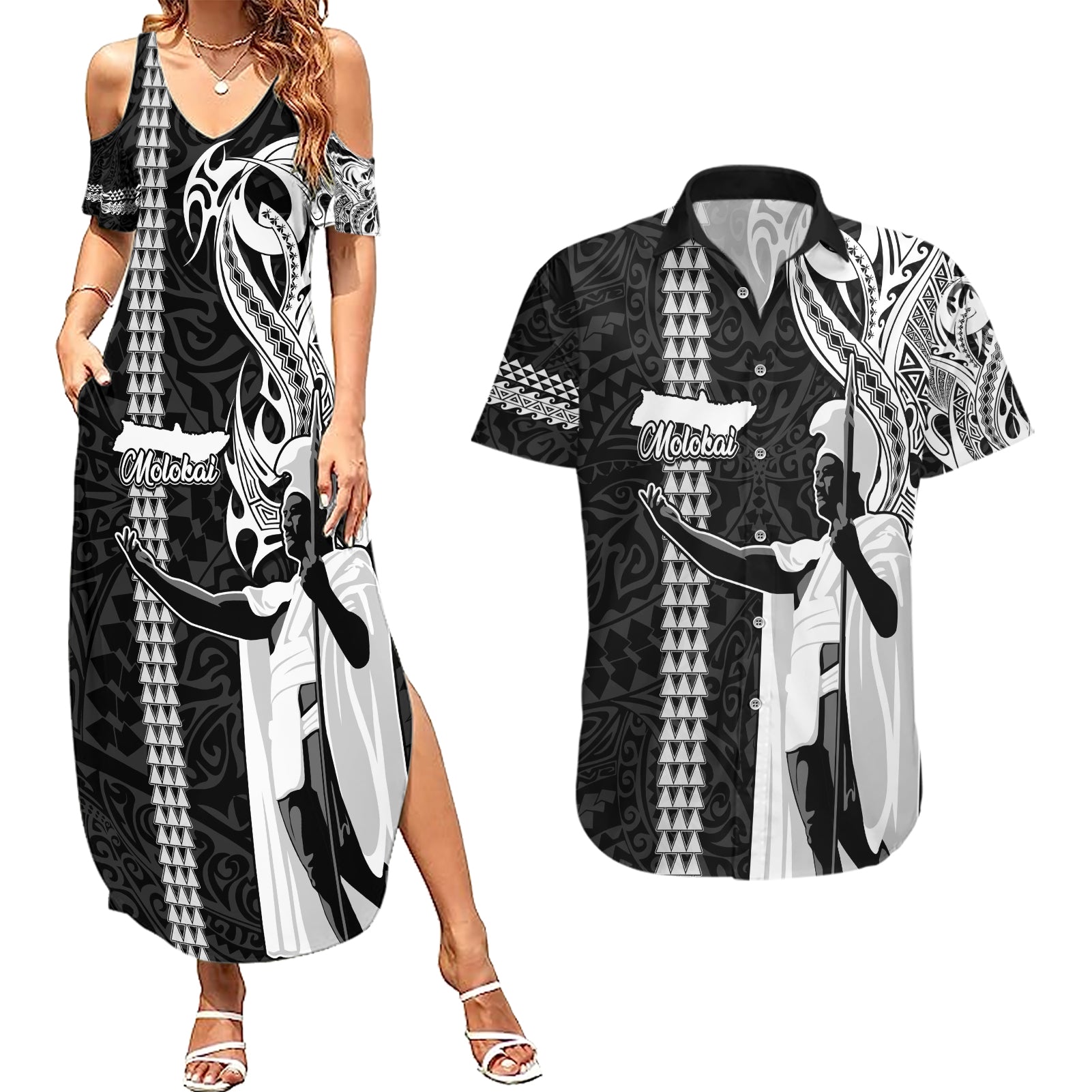 Custom Hawaii Molokai Island Couples Matching Summer Maxi Dress and Hawaiian Shirt Hawaiian King and Kakau Symbols Abstract Shoulder Tattoo LT03 Black - Polynesian Pride