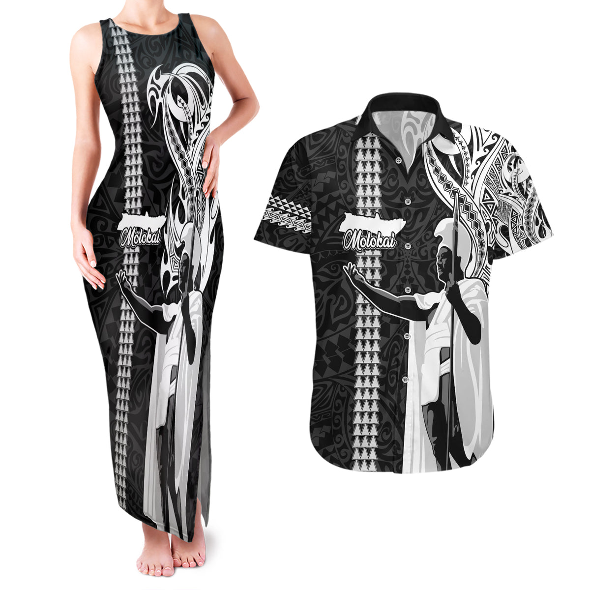 Custom Hawaii Molokai Island Couples Matching Tank Maxi Dress and Hawaiian Shirt Hawaiian King and Kakau Symbols Abstract Shoulder Tattoo LT03 Black - Polynesian Pride
