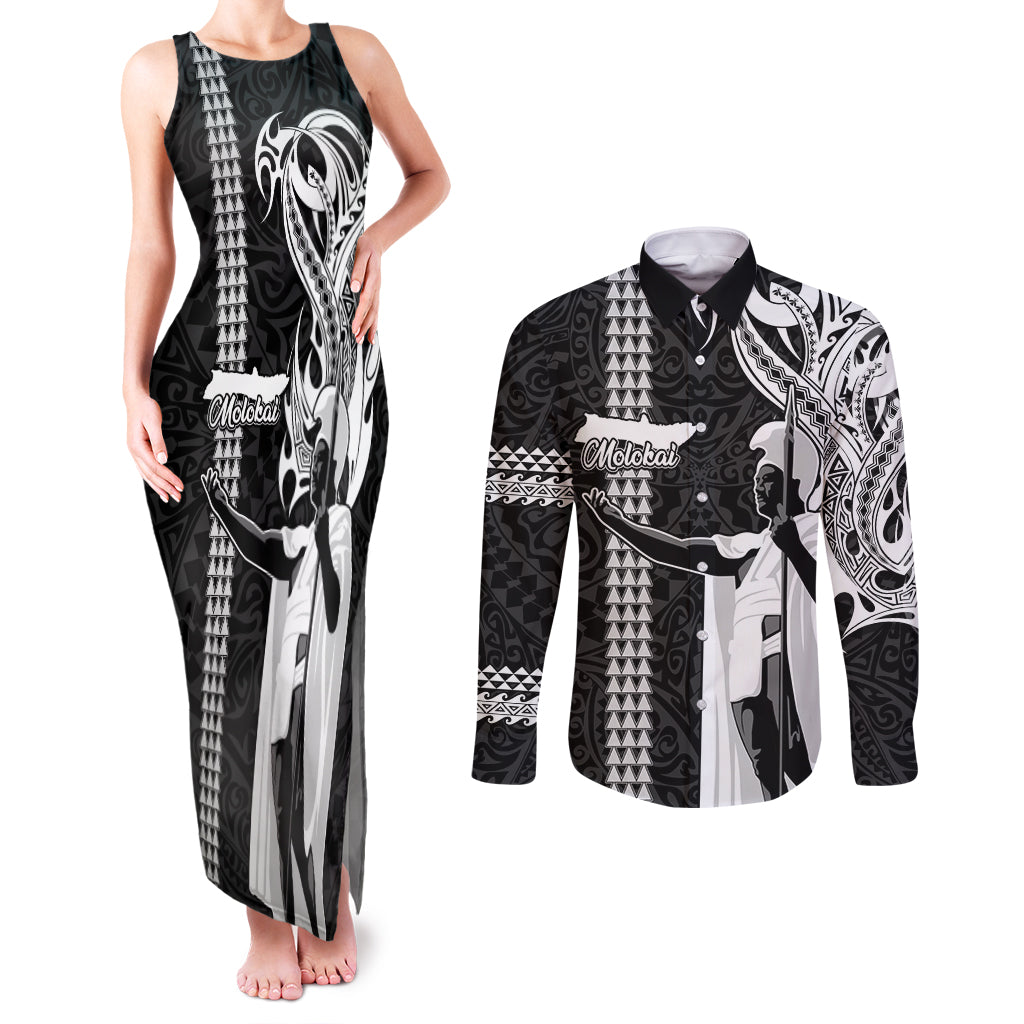 Custom Hawaii Molokai Island Couples Matching Tank Maxi Dress and Long Sleeve Button Shirts Hawaiian King and Kakau Symbols Abstract Shoulder Tattoo LT03 Black - Polynesian Pride