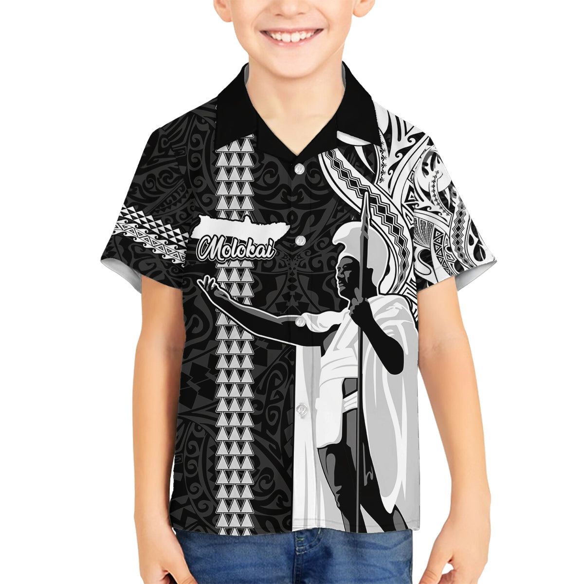 Custom Hawaii Molokai Island Family Matching Long Sleeve Bodycon Dress and Hawaiian Shirt Hawaiian King and Kakau Symbols Abstract Shoulder Tattoo LT03 Son's Shirt Black - Polynesian Pride