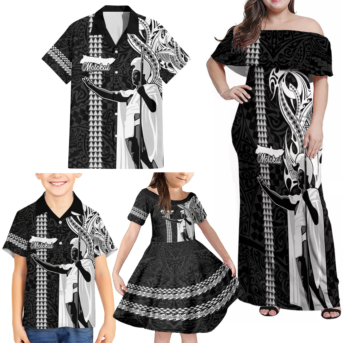 Custom Hawaii Molokai Island Family Matching Off Shoulder Maxi Dress and Hawaiian Shirt Hawaiian King and Kakau Symbols Abstract Shoulder Tattoo LT03 - Polynesian Pride