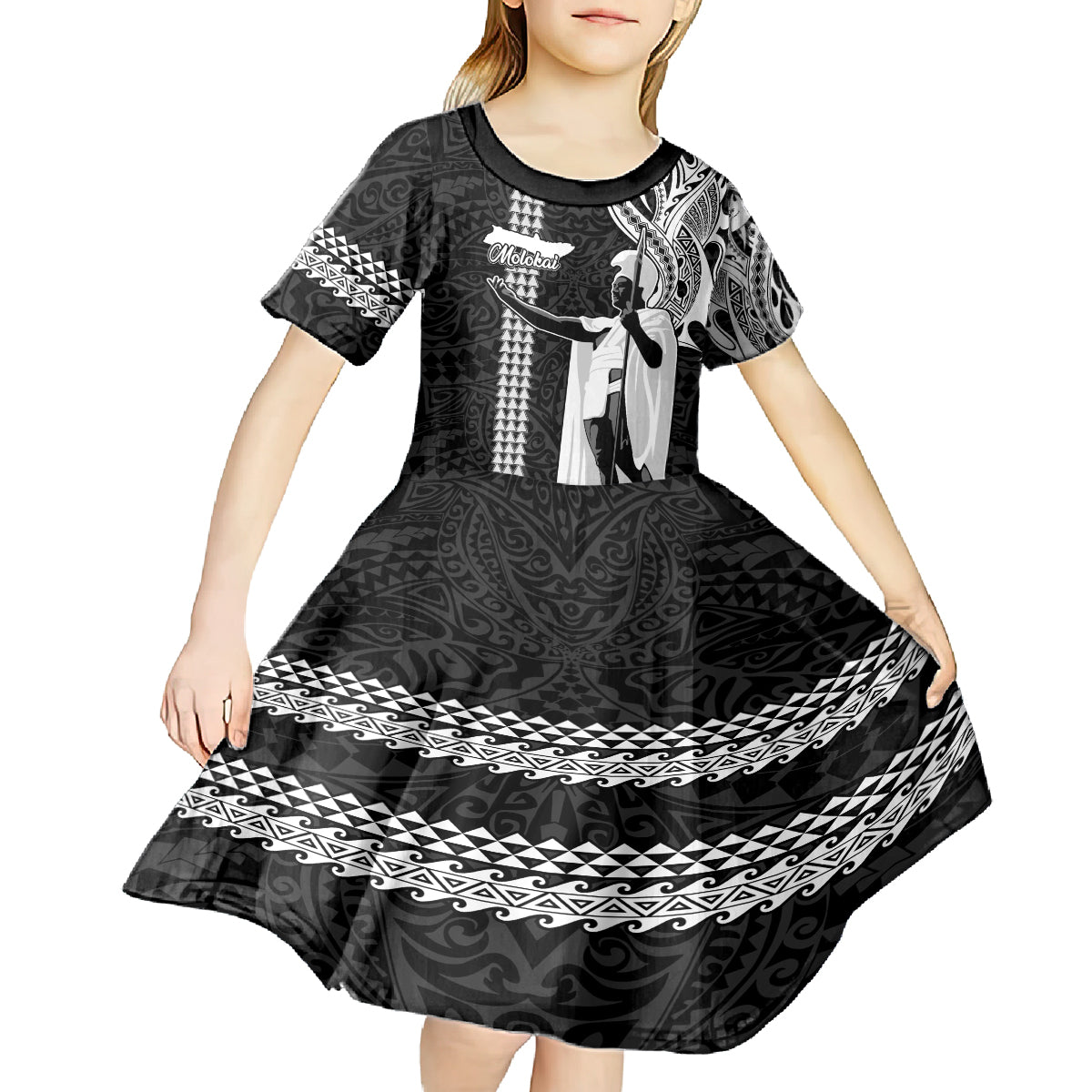Custom Hawaii Molokai Island Kid Short Sleeve Dress Hawaiian King and Kakau Symbols Abstract Shoulder Tattoo LT03 - Polynesian Pride