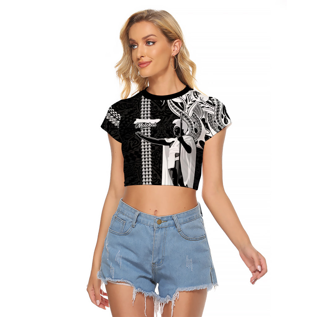 Custom Hawaii Molokai Island Raglan Cropped T Shirt Hawaiian King and Kakau Symbols Abstract Shoulder Tattoo LT03 Female Black - Polynesian Pride