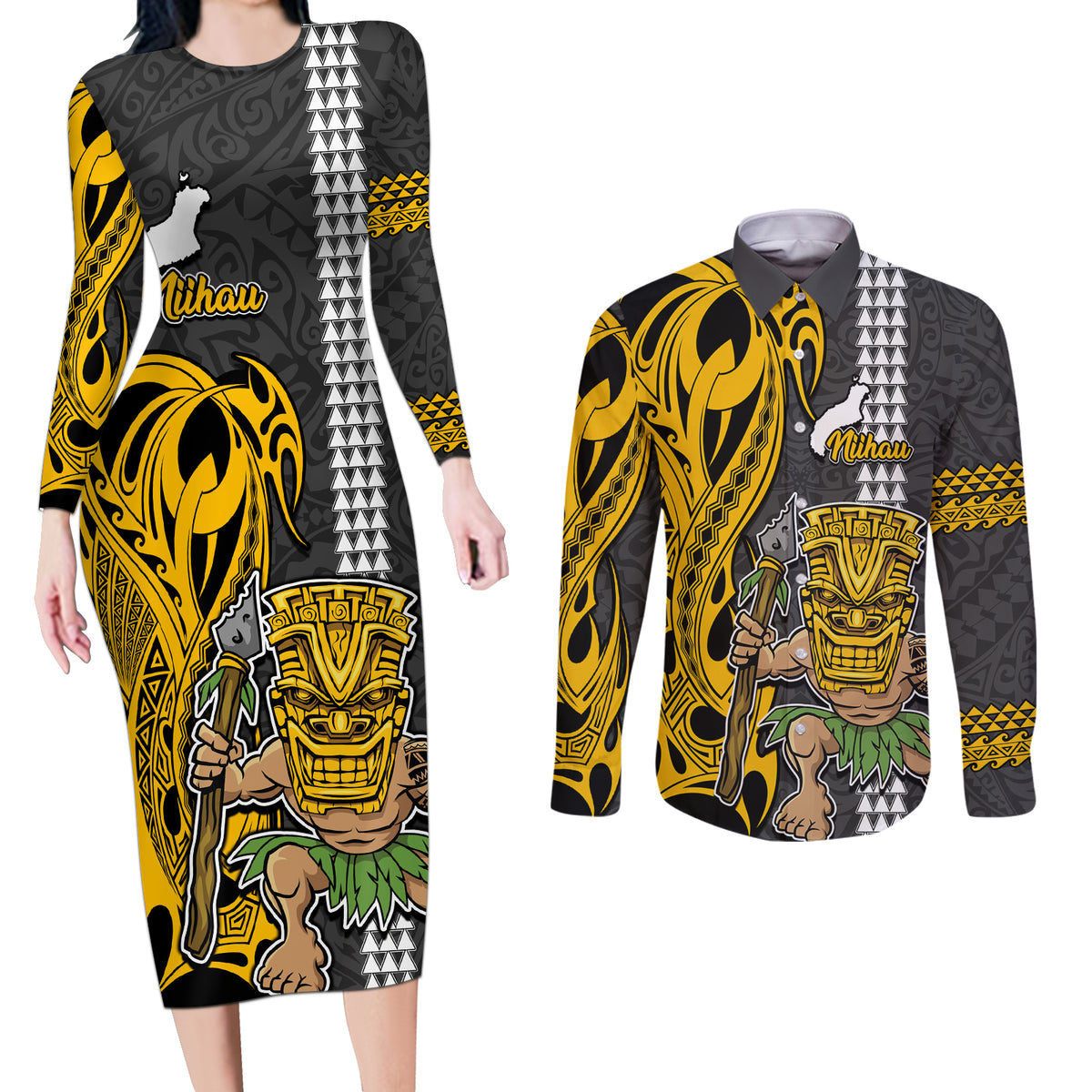 Hawaii Niihau Island Couples Matching Long Sleeve Bodycon Dress and Long Sleeve Button Shirts Hawaiian Warrior and Kakau Symbols Abstract Tattoo LT03 Yellow - Polynesian Pride