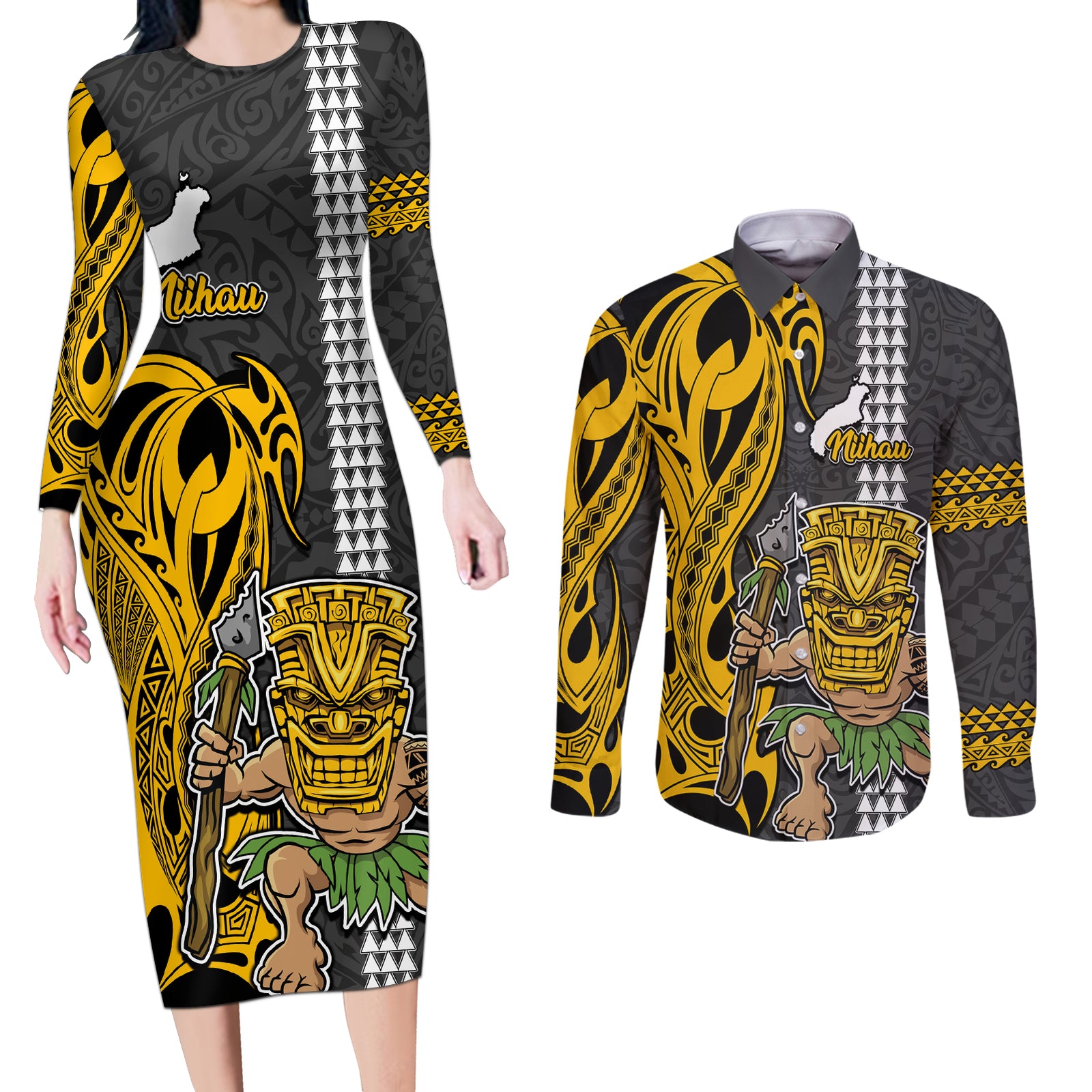 Hawaii Niihau Island Couples Matching Long Sleeve Bodycon Dress and Long Sleeve Button Shirts Hawaiian Warrior and Kakau Symbols Abstract Tattoo LT03 Yellow - Polynesian Pride