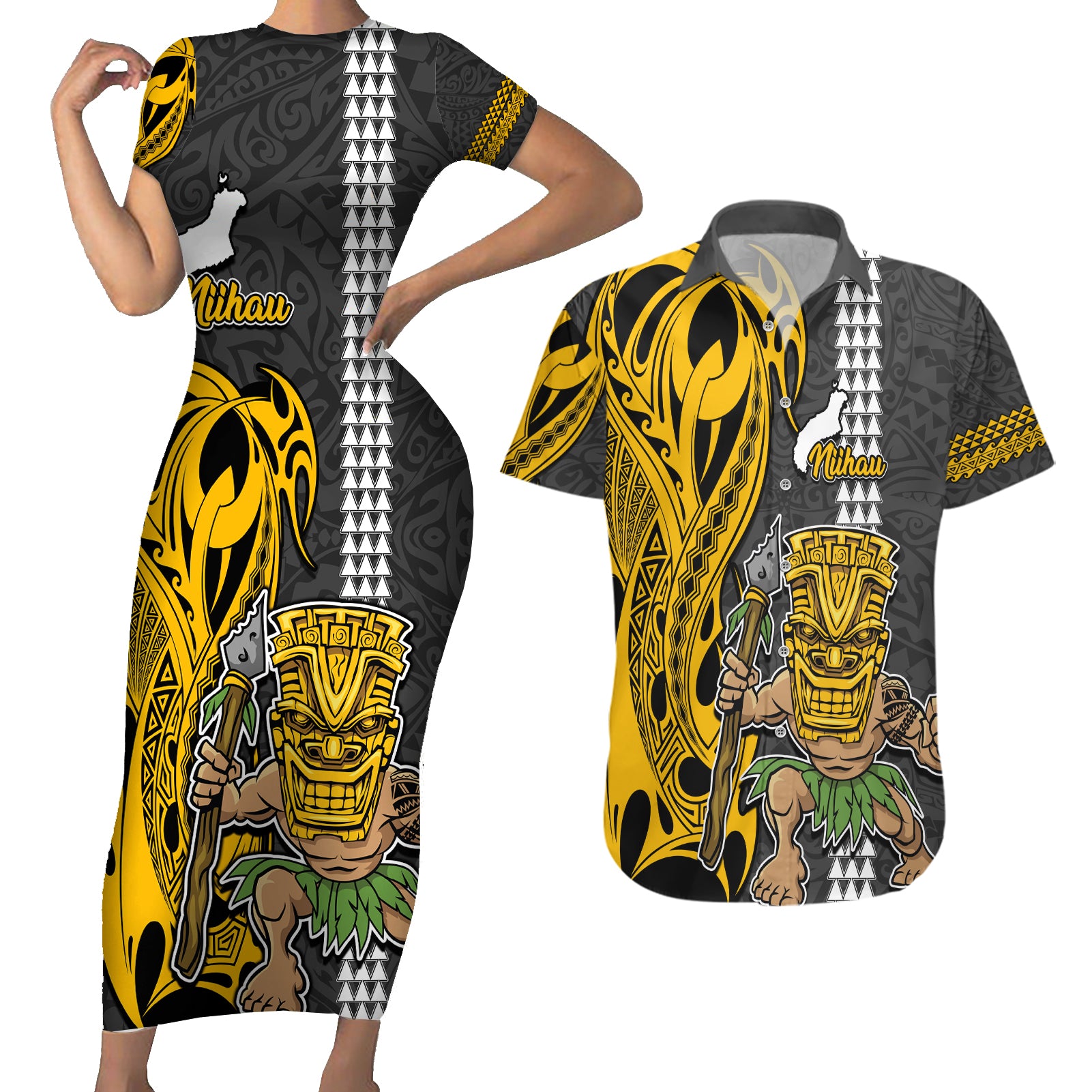 Hawaii Niihau Island Couples Matching Short Sleeve Bodycon Dress and Hawaiian Shirt Hawaiian Warrior and Kakau Symbols Abstract Tattoo LT03 Yellow - Polynesian Pride