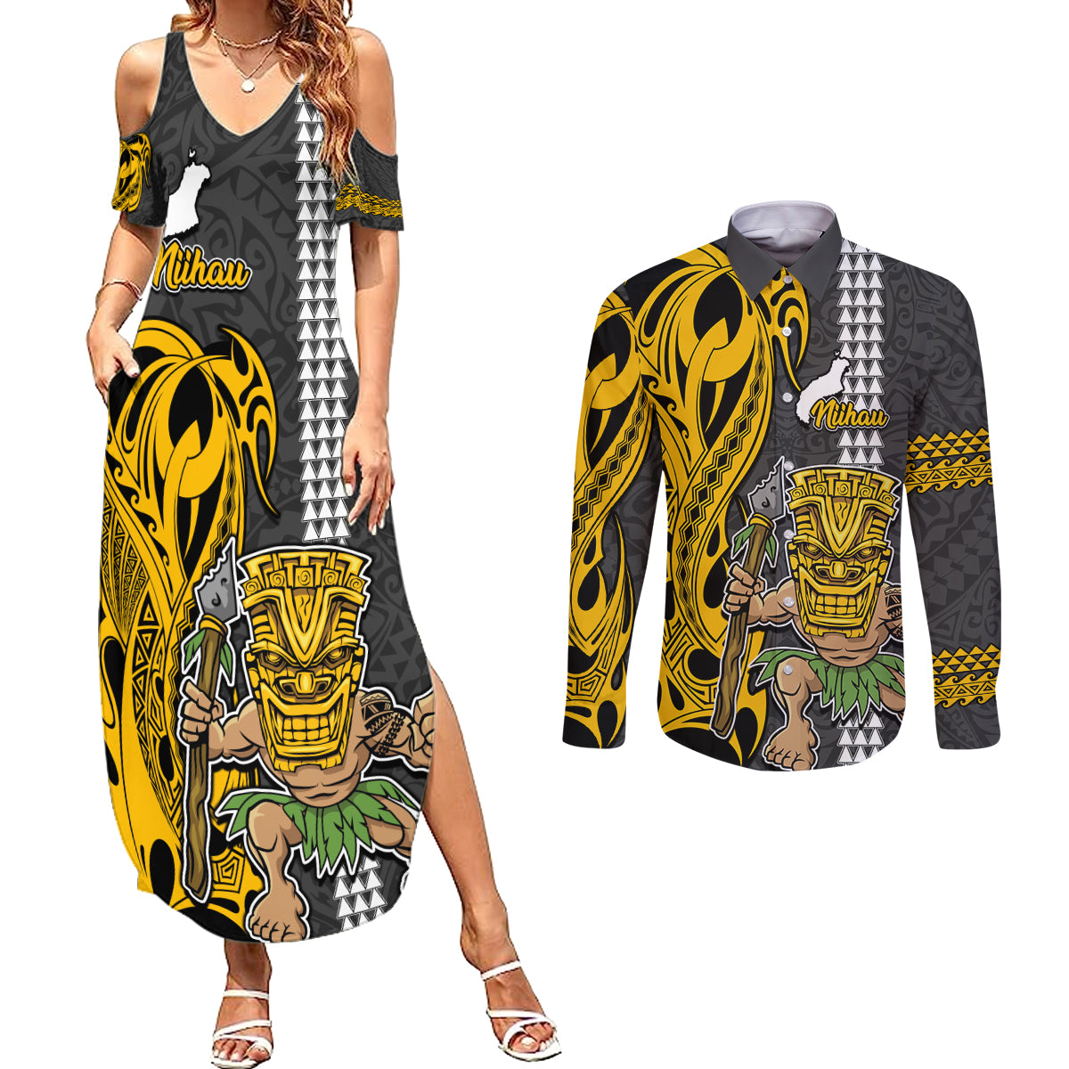 Hawaii Niihau Island Couples Matching Summer Maxi Dress and Long Sleeve Button Shirts Hawaiian Warrior and Kakau Symbols Abstract Tattoo LT03 Yellow - Polynesian Pride