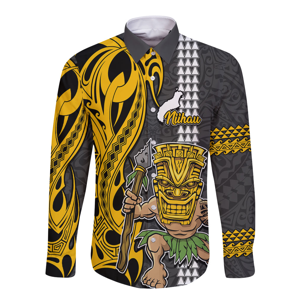 Hawaii Niihau Island Long Sleeve Button Shirt Hawaiian Warrior and Kakau Symbols Abstract Tattoo LT03 Unisex Yellow - Polynesian Pride