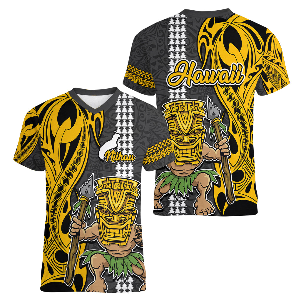 Hawaii Niihau Island Women V Neck T Shirt Hawaiian Warrior and Kakau Symbols Abstract Tattoo LT03 - Polynesian Pride