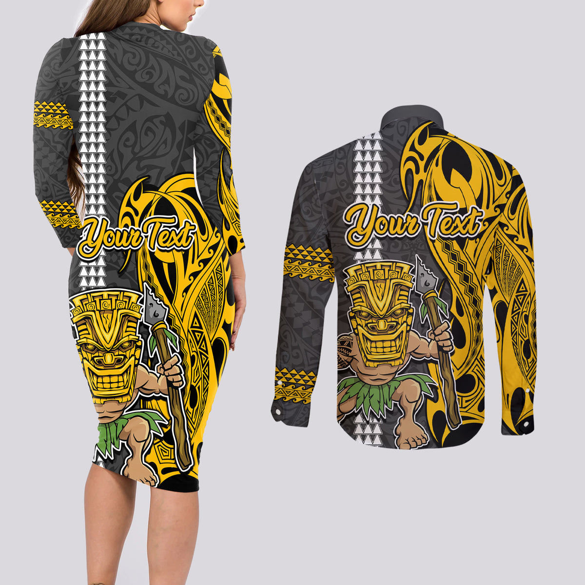 Custom Hawaii Niihau Island Couples Matching Long Sleeve Bodycon Dress and Long Sleeve Button Shirts Hawaiian Warrior and Kakau Symbols Abstract Tattoo LT03 - Polynesian Pride