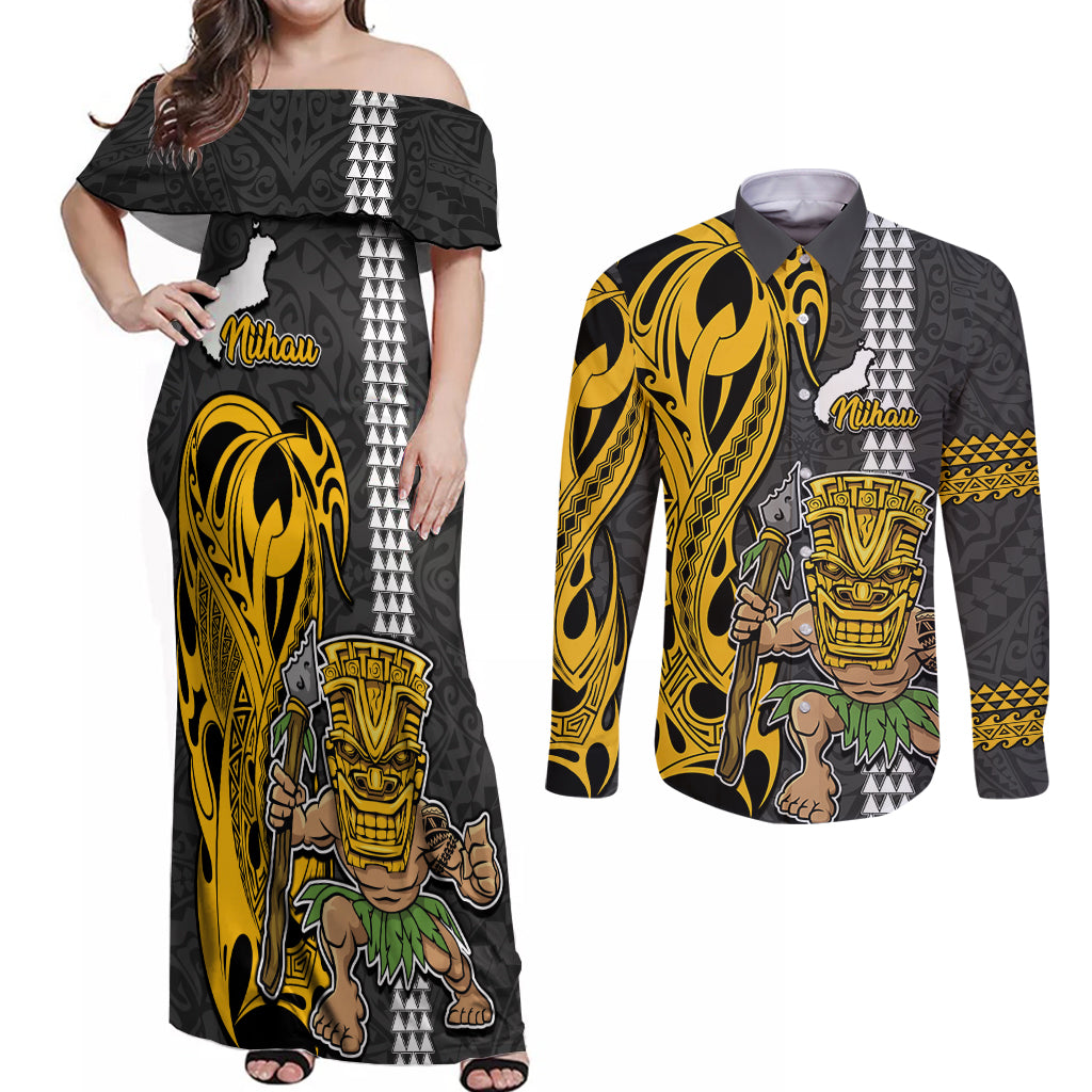 Custom Hawaii Niihau Island Couples Matching Off Shoulder Maxi Dress and Long Sleeve Button Shirts Hawaiian Warrior and Kakau Symbols Abstract Tattoo LT03 Yellow - Polynesian Pride