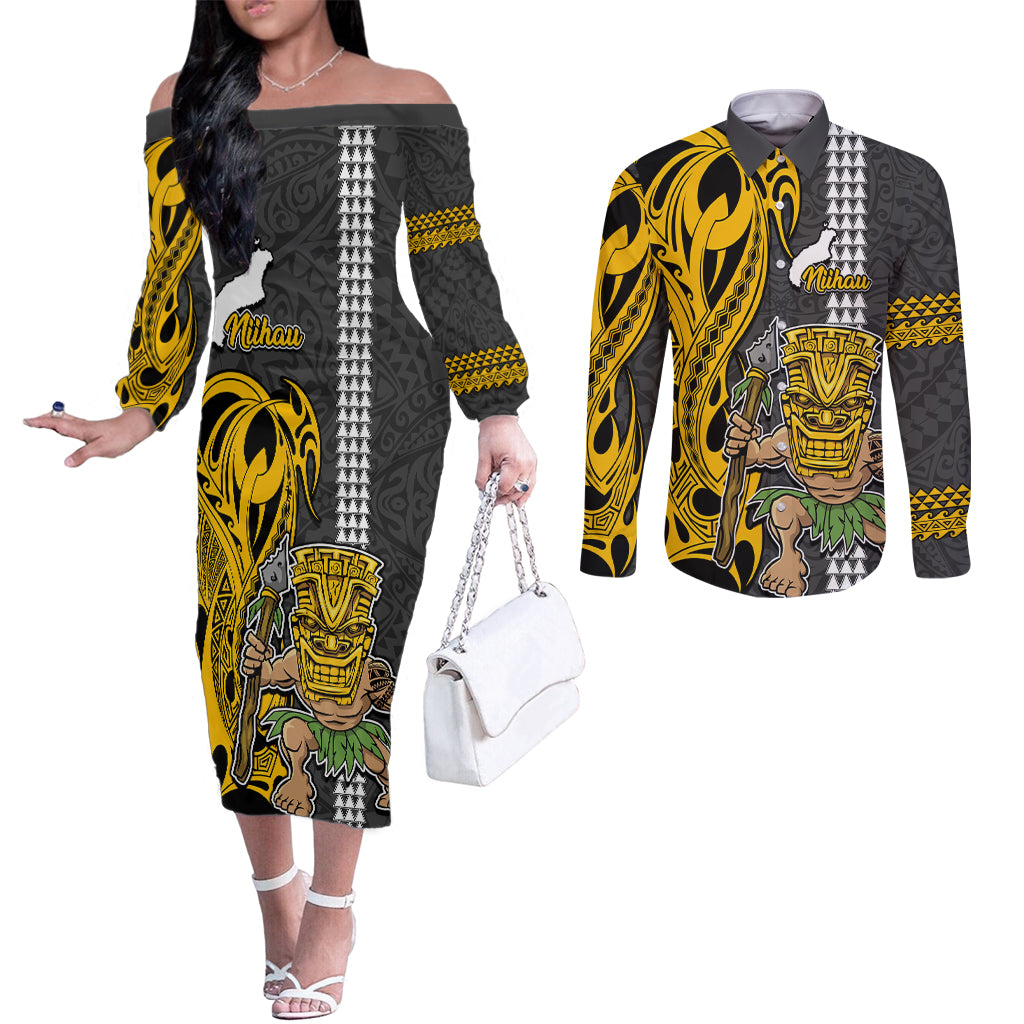 Custom Hawaii Niihau Island Couples Matching Off The Shoulder Long Sleeve Dress and Long Sleeve Button Shirts Hawaiian Warrior and Kakau Symbols Abstract Tattoo LT03 Yellow - Polynesian Pride