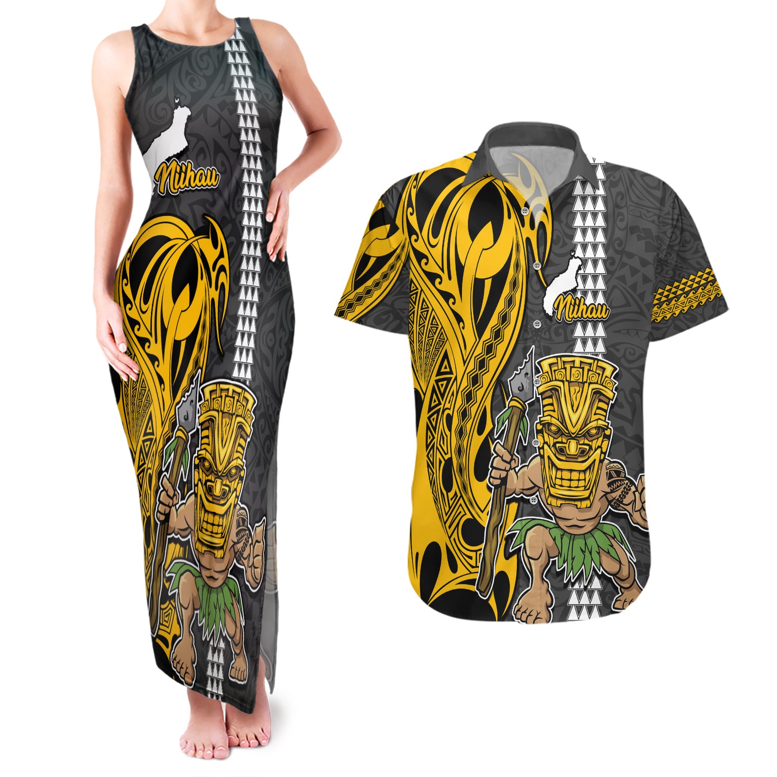 Custom Hawaii Niihau Island Couples Matching Tank Maxi Dress and Hawaiian Shirt Hawaiian Warrior and Kakau Symbols Abstract Tattoo LT03 Yellow - Polynesian Pride