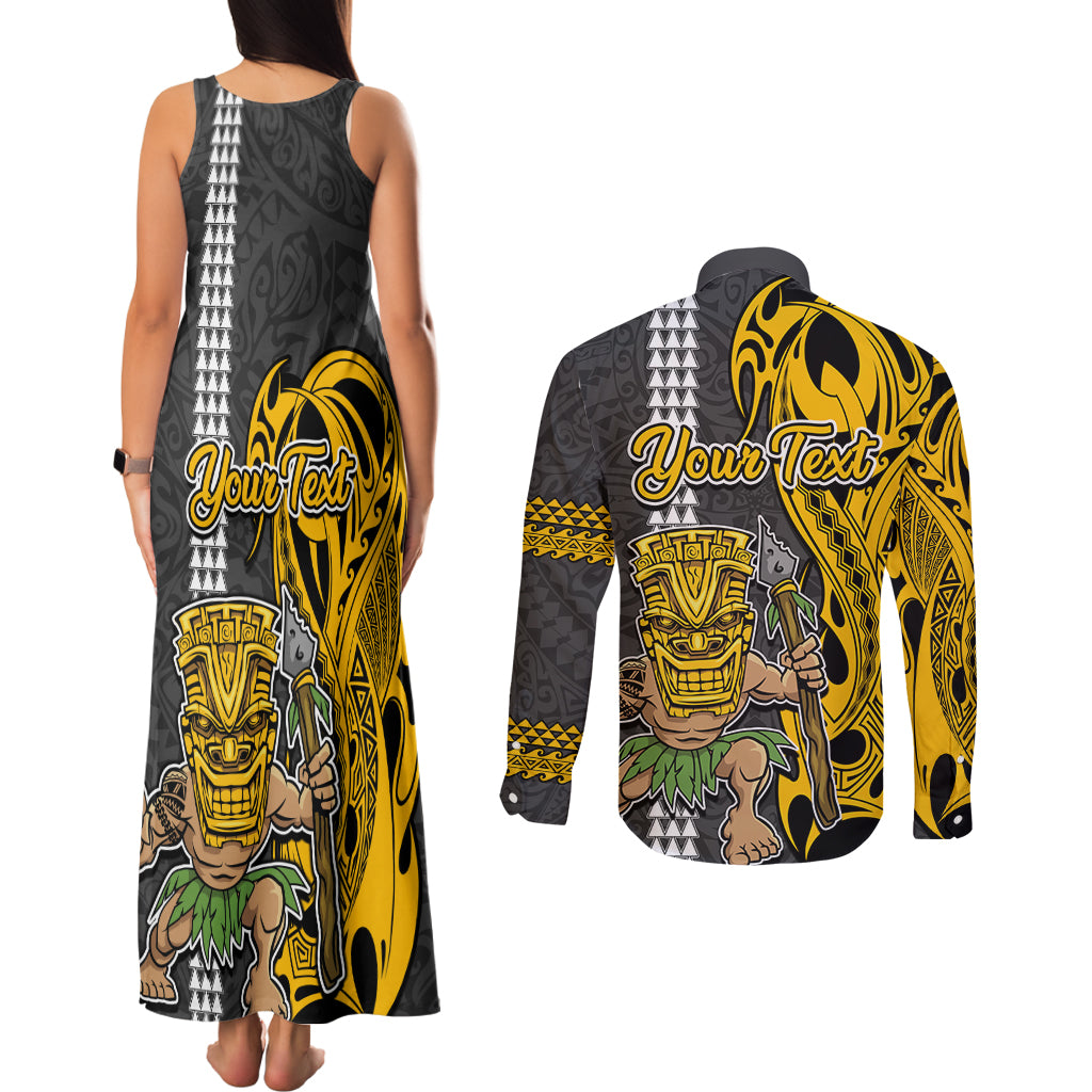 Custom Hawaii Niihau Island Couples Matching Tank Maxi Dress and Long Sleeve Button Shirts Hawaiian Warrior and Kakau Symbols Abstract Tattoo LT03 - Polynesian Pride