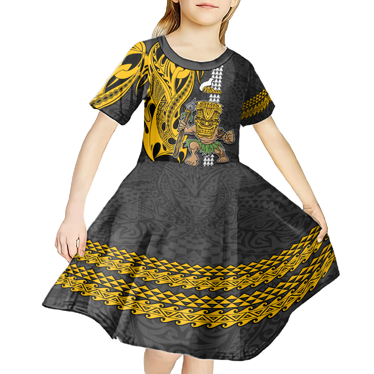 Custom Hawaii Niihau Island Kid Short Sleeve Dress Hawaiian Warrior and Kakau Symbols Abstract Tattoo LT03 - Polynesian Pride