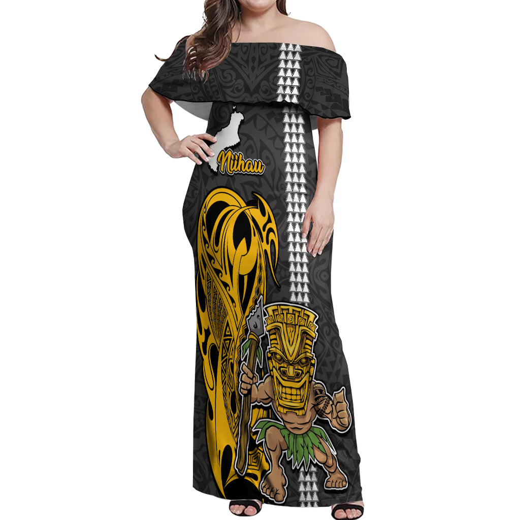 Custom Hawaii Niihau Island Off Shoulder Maxi Dress Hawaiian Warrior and Kakau Symbols Abstract Tattoo LT03 Women Yellow - Polynesian Pride