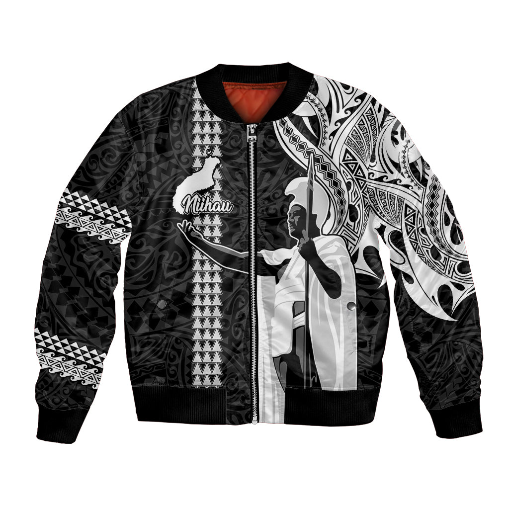 Hawaii Niihau Island Bomber Jacket Hawaiian King and Kakau Symbols Abstract Shoulder Tattoo LT03 Unisex Black - Polynesian Pride