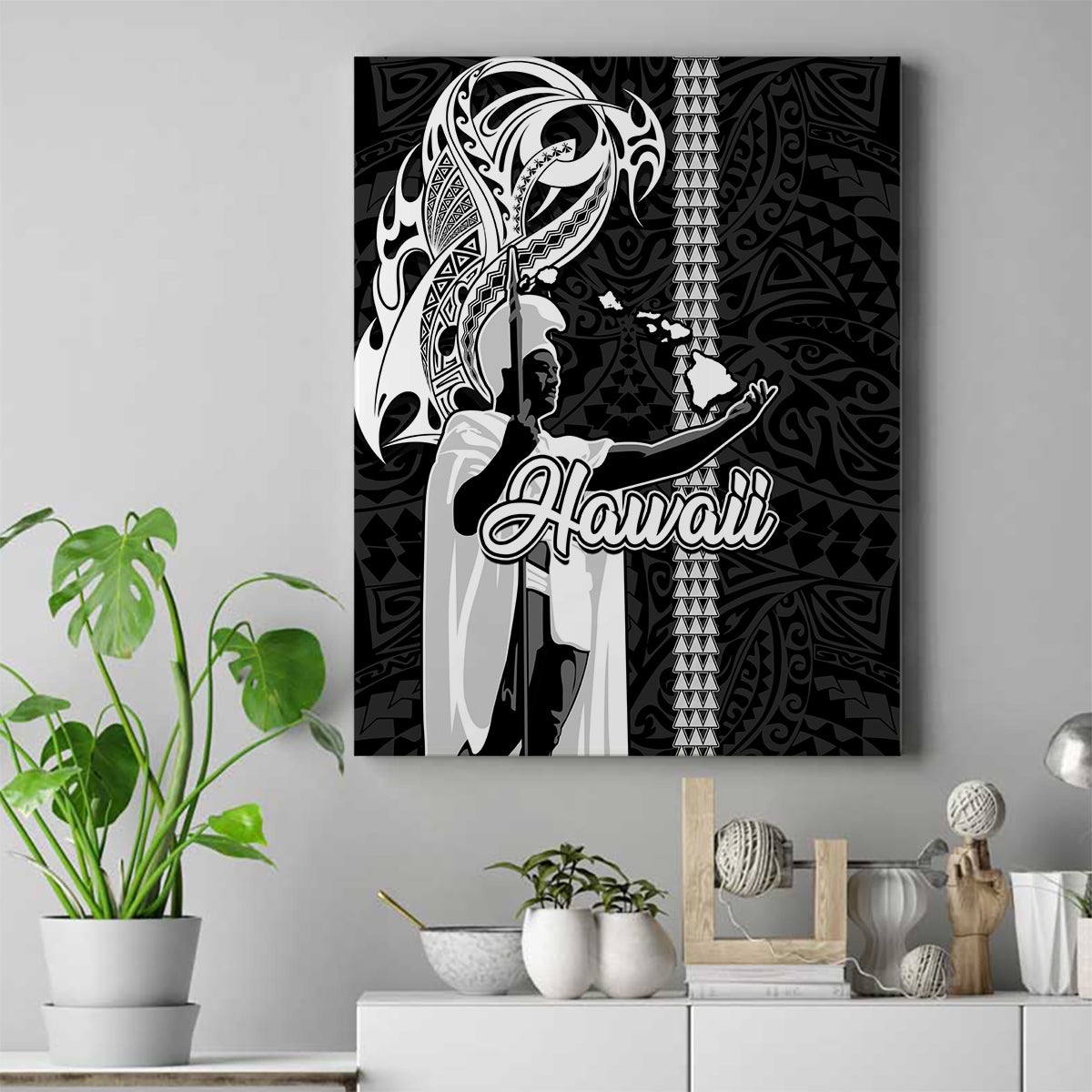 Hawaii Niihau Island Canvas Wall Art Hawaiian King and Kakau Symbols Abstract Shoulder Tattoo LT03 Black - Polynesian Pride