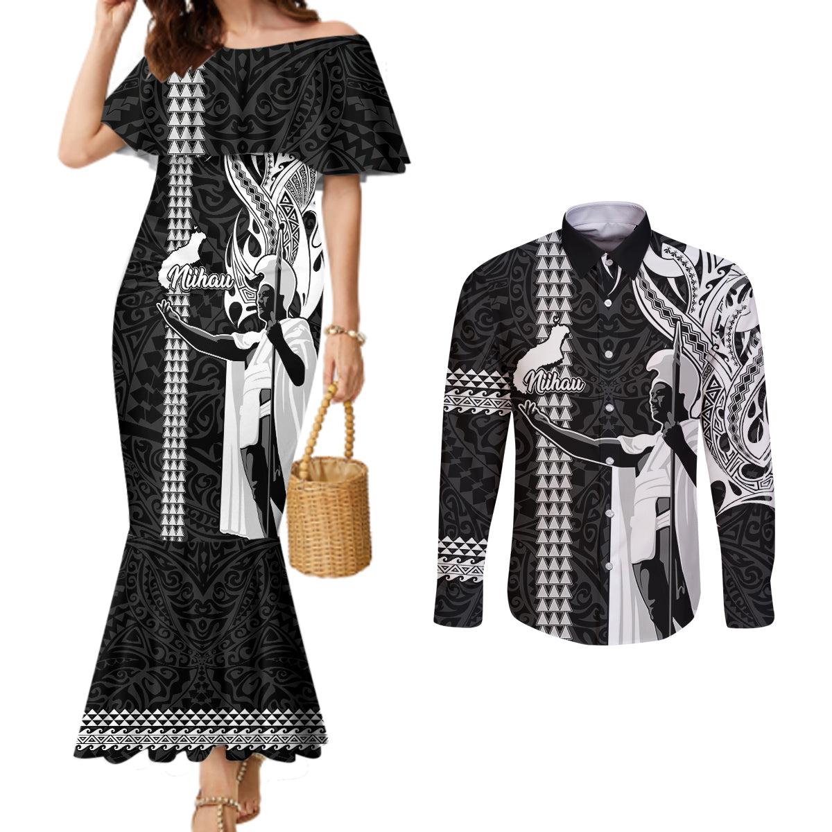 Hawaii Niihau Island Couples Matching Mermaid Dress and Long Sleeve Button Shirts Hawaiian King and Kakau Symbols Abstract Shoulder Tattoo LT03 Black - Polynesian Pride
