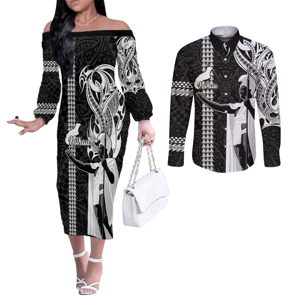 Hawaii Niihau Island Couples Matching Off The Shoulder Long Sleeve Dress and Long Sleeve Button Shirts Hawaiian King and Kakau Symbols Abstract Shoulder Tattoo LT03 Black - Polynesian Pride