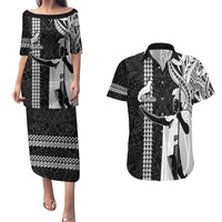 Hawaii Niihau Island Couples Matching Puletasi Dress and Hawaiian Shirt Hawaiian King and Kakau Symbols Abstract Shoulder Tattoo LT03 Black - Polynesian Pride