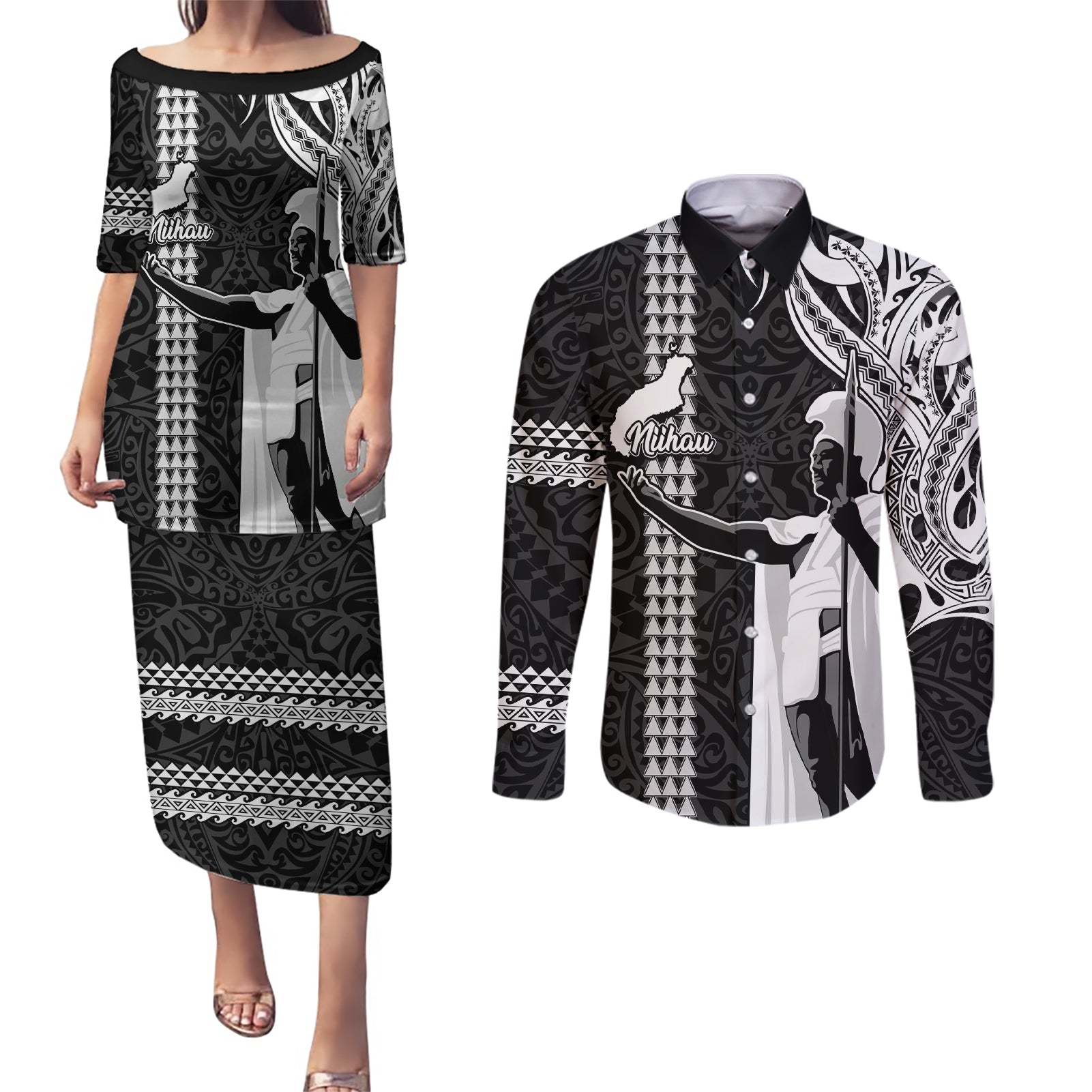 Hawaii Niihau Island Couples Matching Puletasi Dress and Long Sleeve Button Shirts Hawaiian King and Kakau Symbols Abstract Shoulder Tattoo LT03 Black - Polynesian Pride