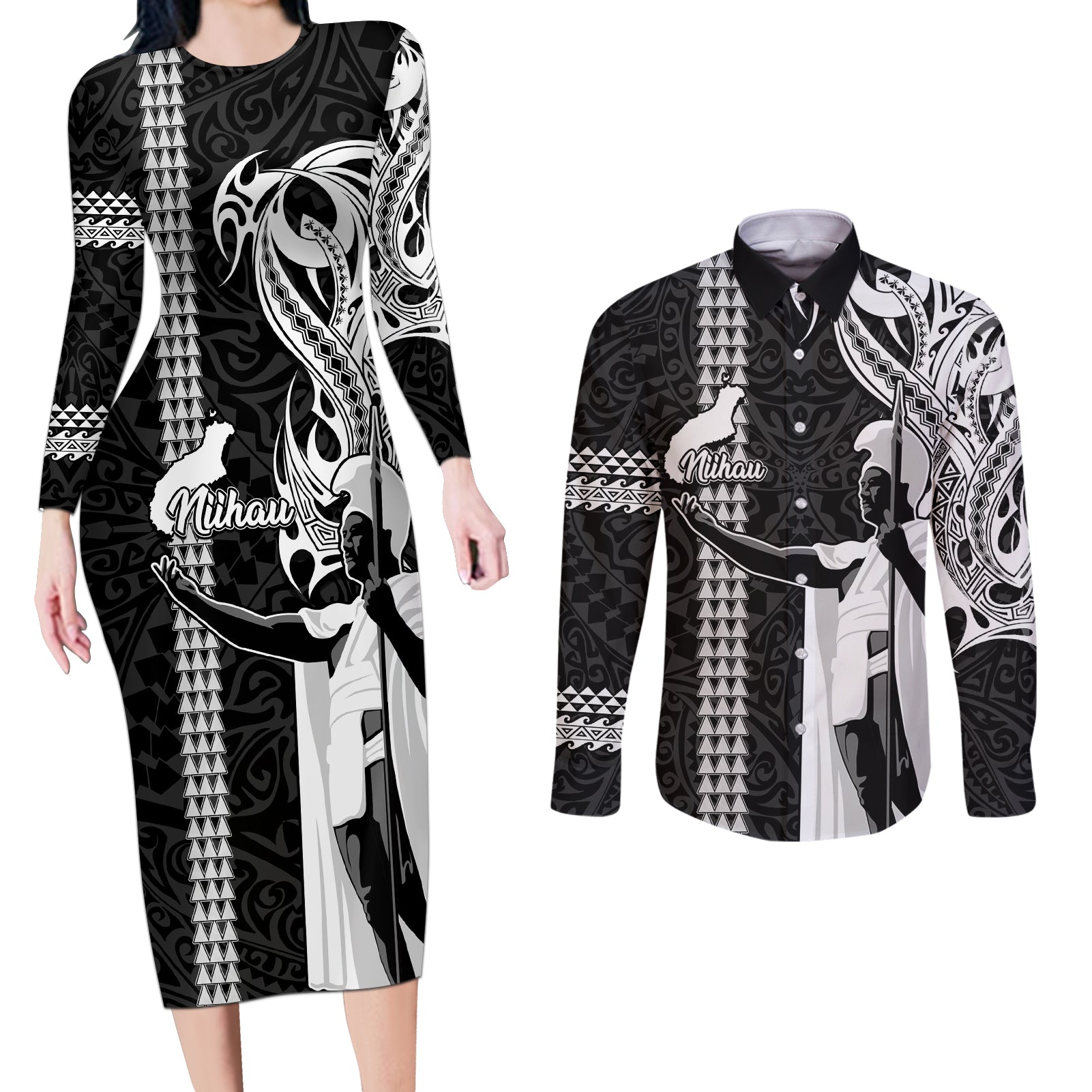 Custom Hawaii Niihau Island Couples Matching Long Sleeve Bodycon Dress and Long Sleeve Button Shirts Hawaiian King and Kakau Symbols Abstract Shoulder Tattoo LT03 Black - Polynesian Pride