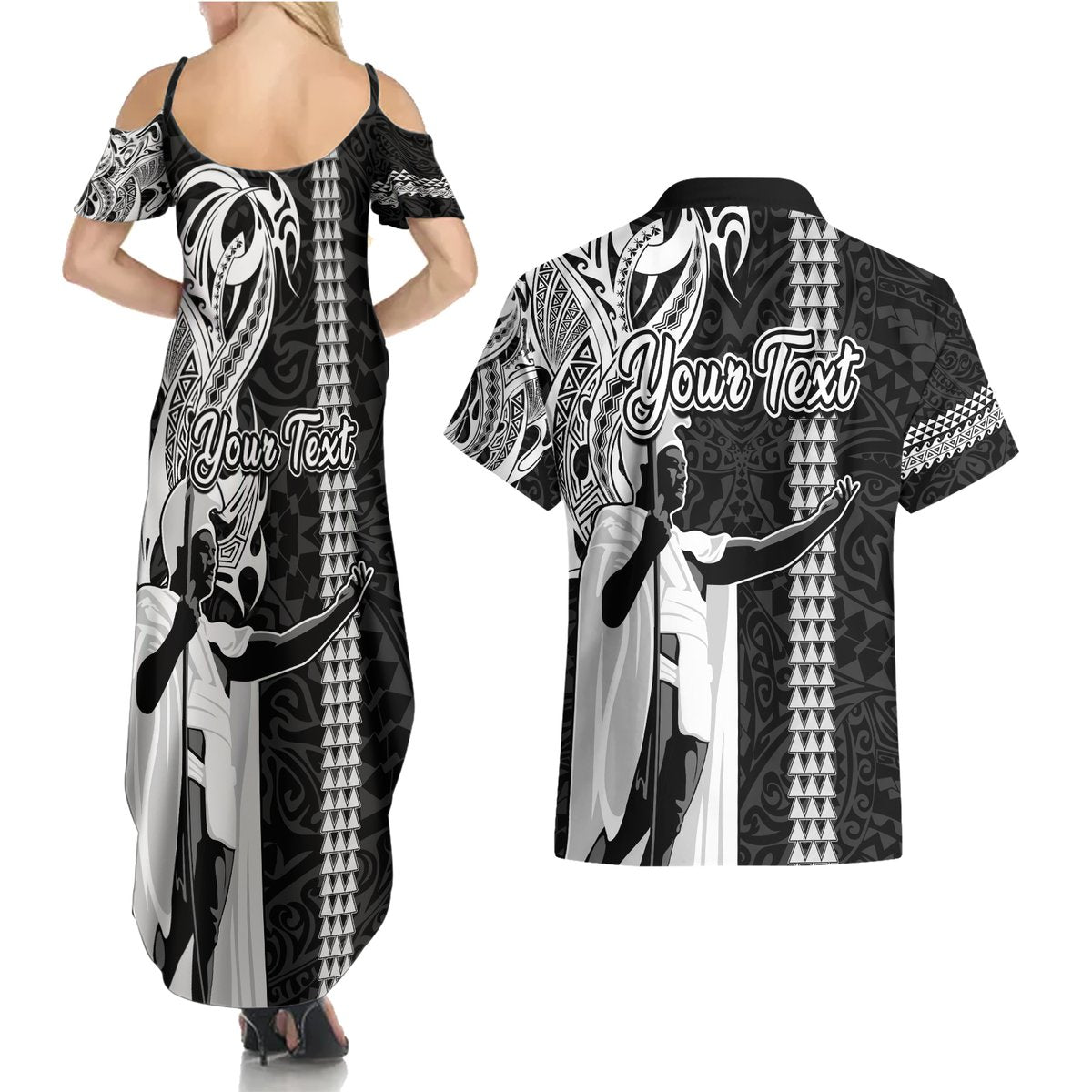 Custom Hawaii Niihau Island Couples Matching Summer Maxi Dress and Hawaiian Shirt Hawaiian King and Kakau Symbols Abstract Shoulder Tattoo LT03 - Polynesian Pride