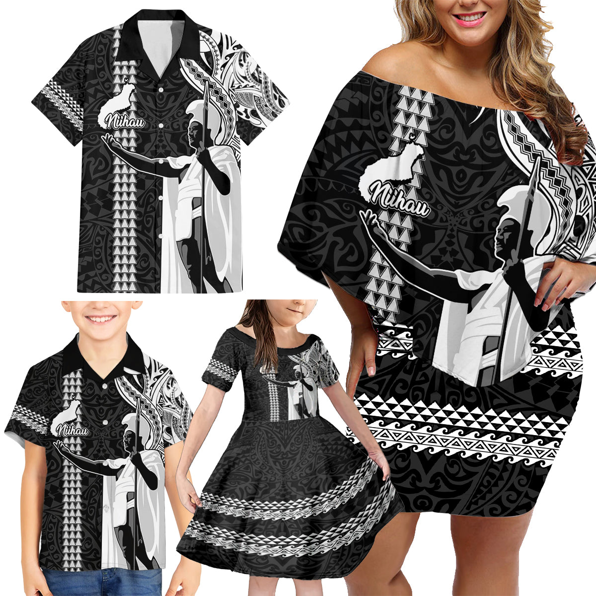 Custom Hawaii Niihau Island Family Matching Off Shoulder Short Dress and Hawaiian Shirt Hawaiian King and Kakau Symbols Abstract Shoulder Tattoo LT03 - Polynesian Pride