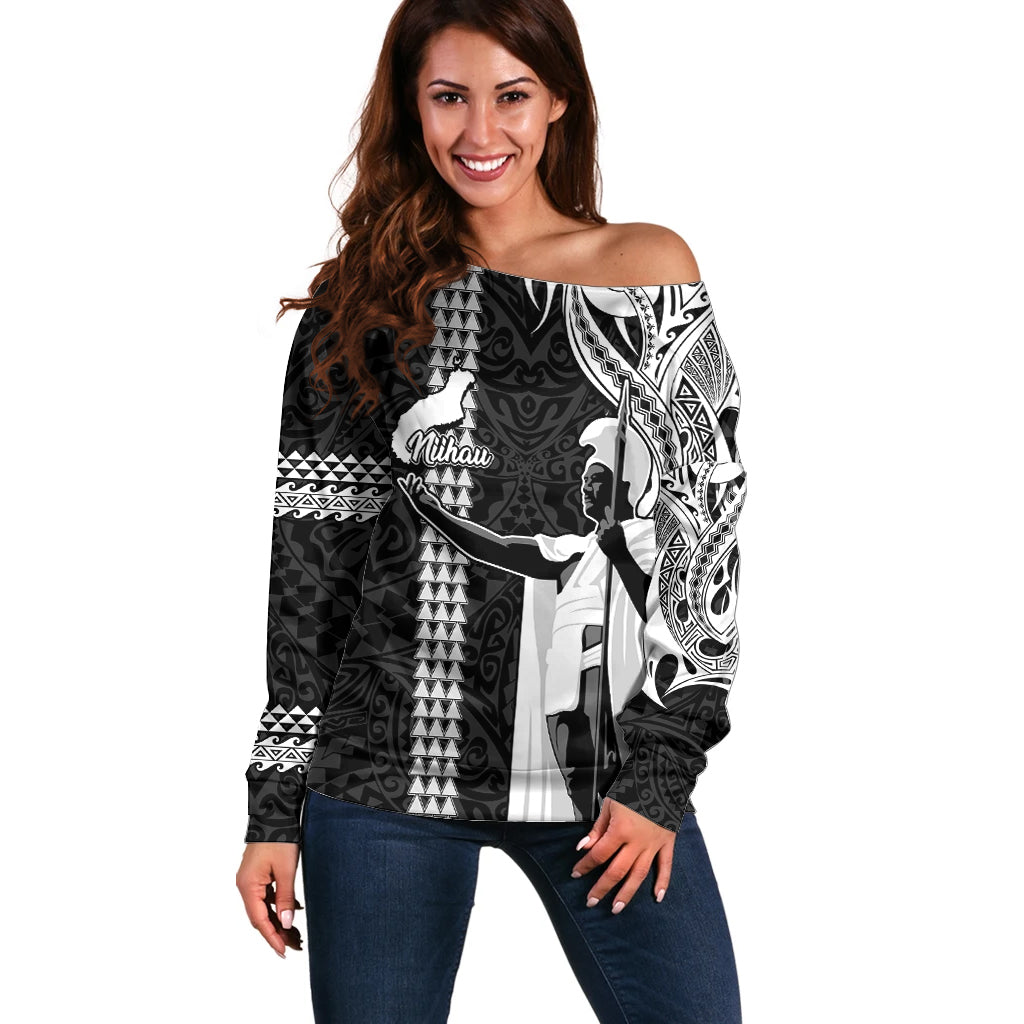 Custom Hawaii Niihau Island Off Shoulder Sweater Hawaiian King and Kakau Symbols Abstract Shoulder Tattoo LT03 Women Black - Polynesian Pride