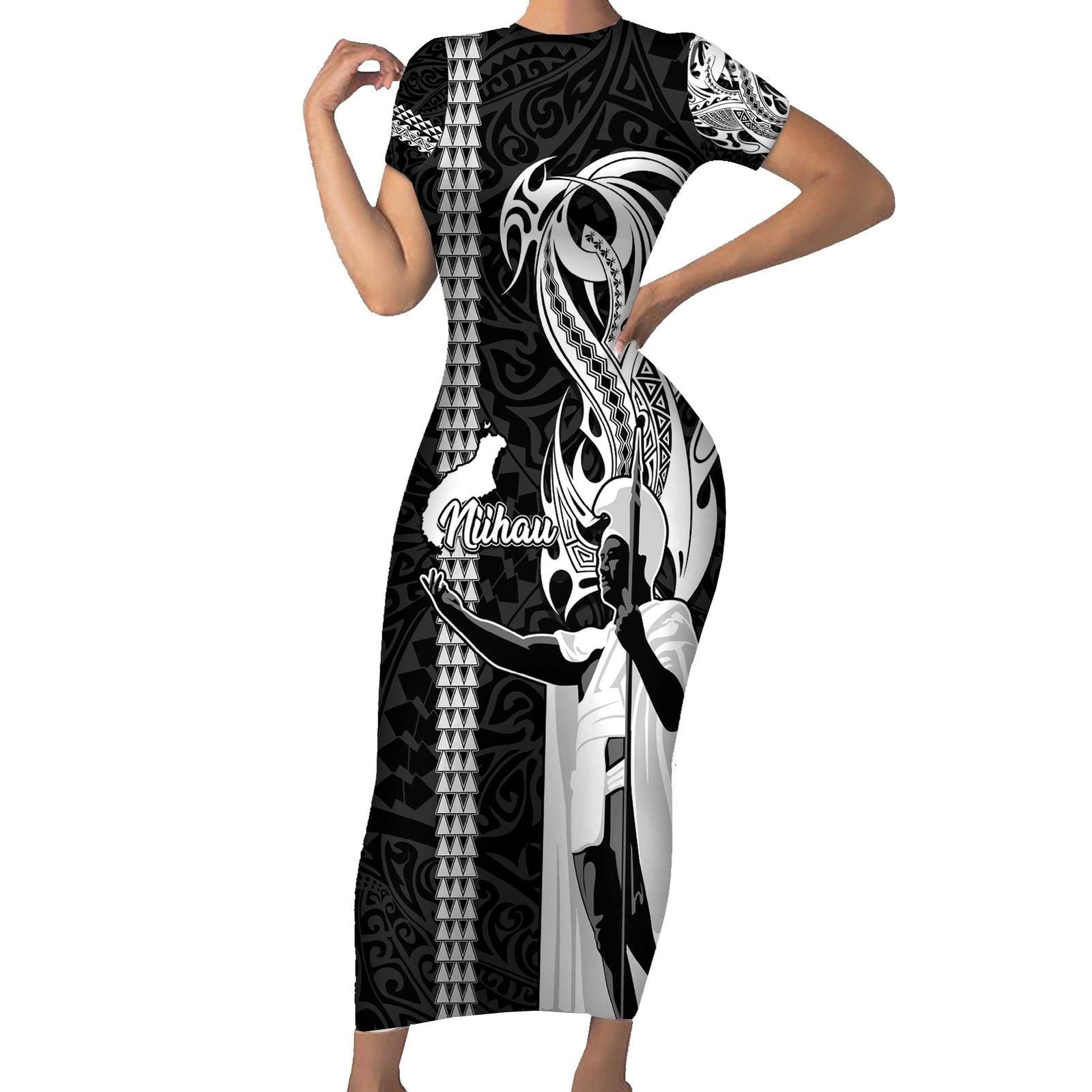 Custom Hawaii Niihau Island Short Sleeve Bodycon Dress Hawaiian King and Kakau Symbols Abstract Shoulder Tattoo LT03 Long Dress Black - Polynesian Pride