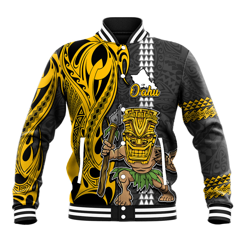 Hawaii Oahu Island Baseball Jacket Hawaiian Warrior and Kakau Symbols Abstract Tattoo LT03 Unisex Yellow - Polynesian Pride