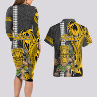 Hawaii Oahu Island Couples Matching Long Sleeve Bodycon Dress and Hawaiian Shirt Hawaiian Warrior and Kakau Symbols Abstract Tattoo LT03 - Polynesian Pride