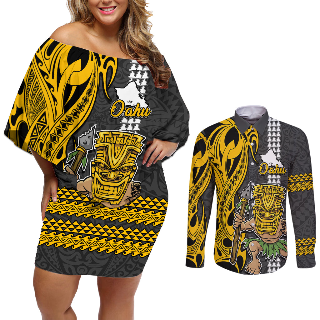 Hawaii Oahu Island Couples Matching Off Shoulder Short Dress and Long Sleeve Button Shirts Hawaiian Warrior and Kakau Symbols Abstract Tattoo LT03 Yellow - Polynesian Pride