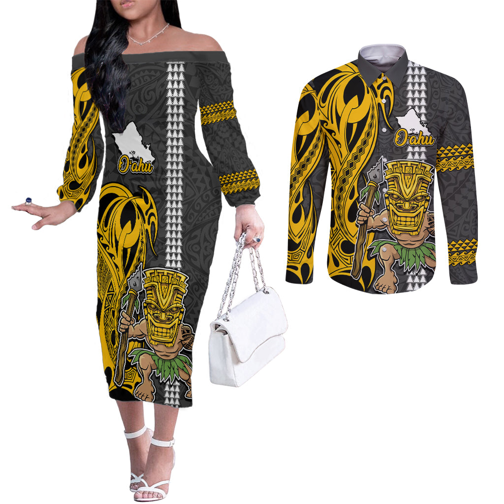 Hawaii Oahu Island Couples Matching Off The Shoulder Long Sleeve Dress and Long Sleeve Button Shirts Hawaiian Warrior and Kakau Symbols Abstract Tattoo LT03 Yellow - Polynesian Pride