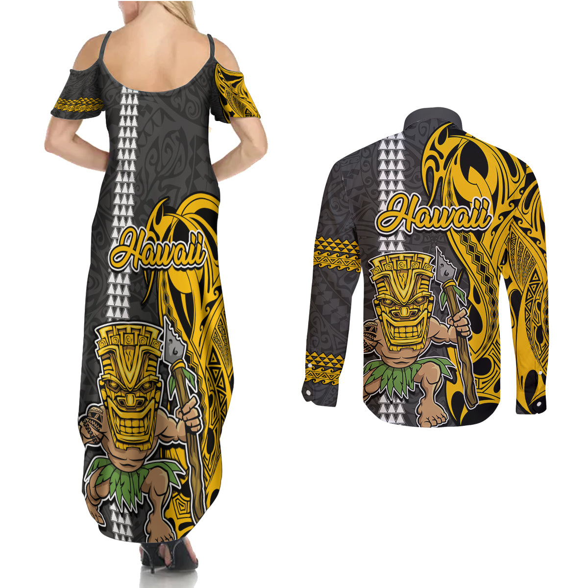Hawaii Oahu Island Couples Matching Summer Maxi Dress and Long Sleeve Button Shirts Hawaiian Warrior and Kakau Symbols Abstract Tattoo LT03 - Polynesian Pride